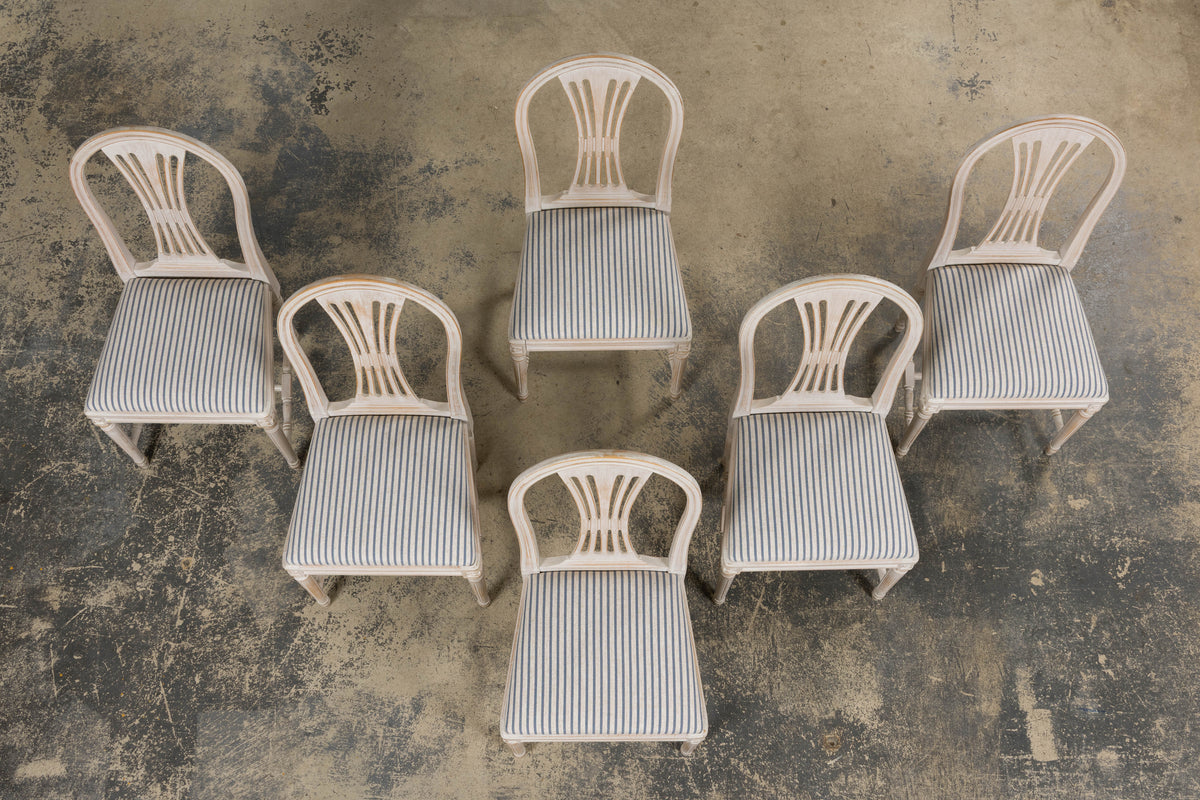 French Louis XVI Style Painted Dining Chairs W/ Striped Linen - Set of 6