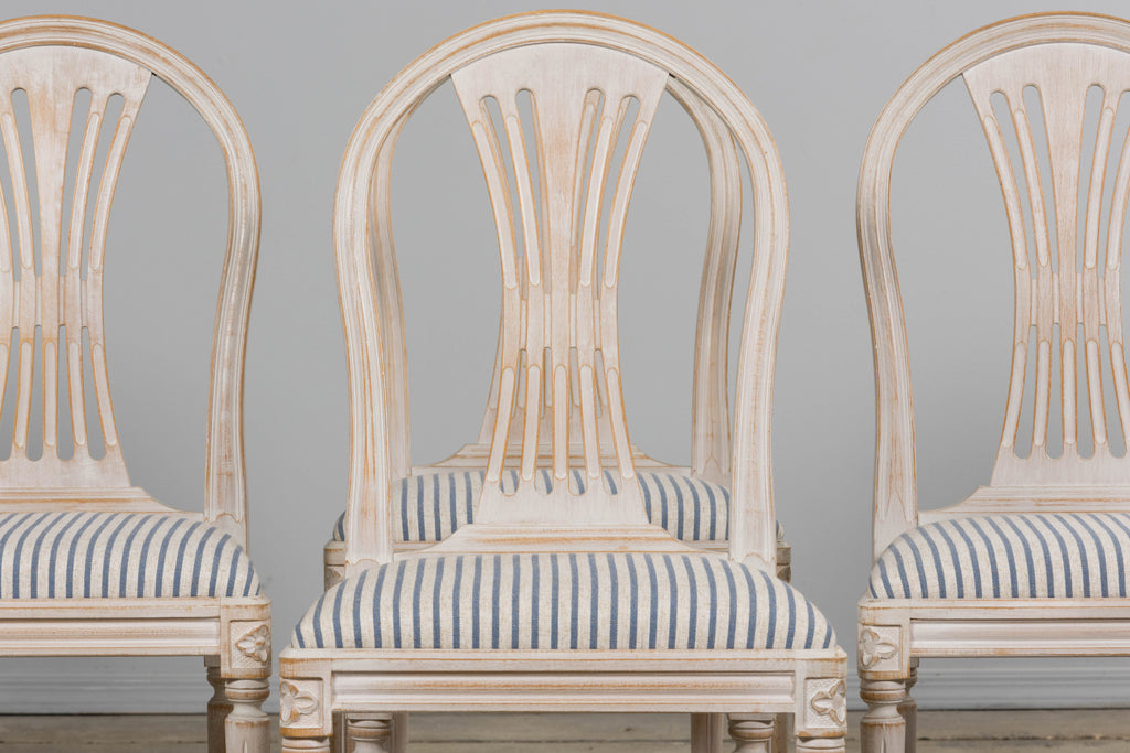 French Louis XVI Style Painted Dining Chairs W/ Striped Linen - Set of 6