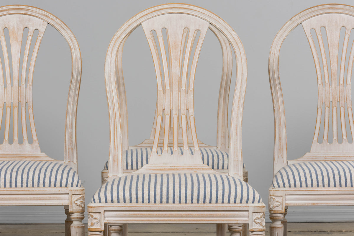 French Louis XVI Style Painted Dining Chairs W/ Striped Linen - Set of 6