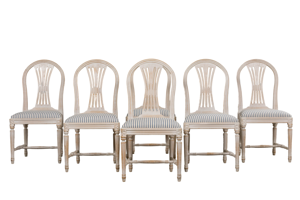 French Louis XVI Style Painted Dining Chairs W/ Striped Linen - Set of 6