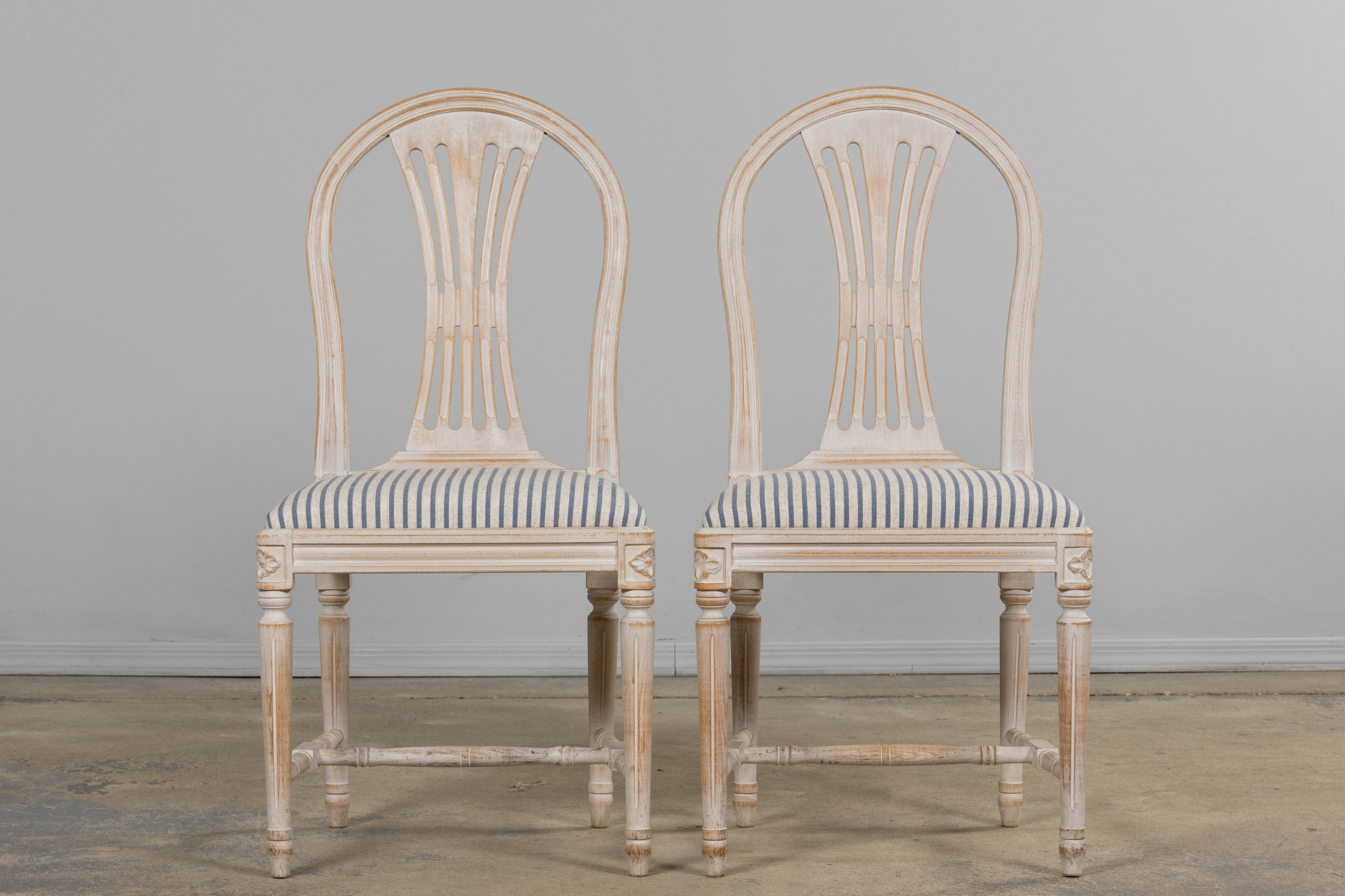 French Louis XVI Style Painted Dining Chairs W/ Striped Linen - Set of 6