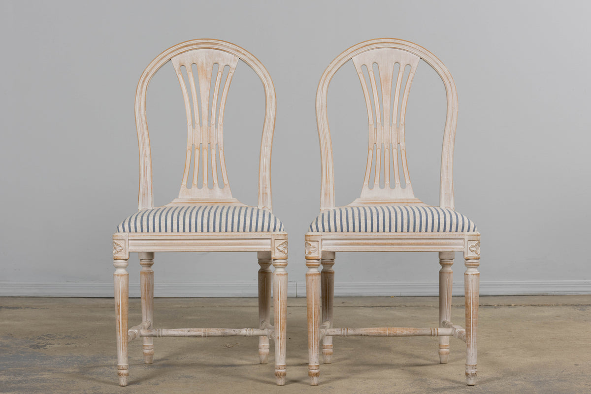 French Louis XVI Style Painted Dining Chairs W/ Striped Linen - Set of 6