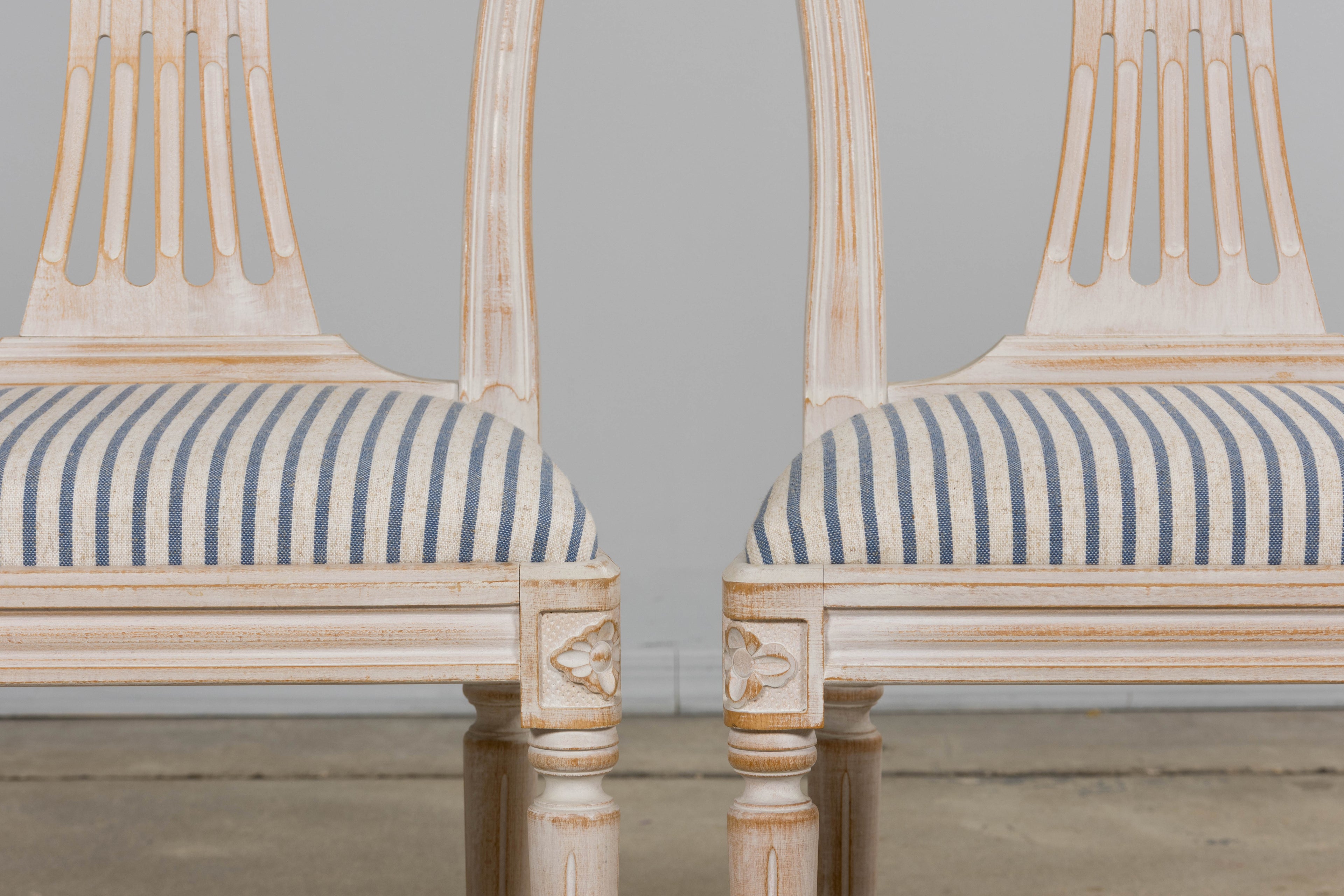 French Louis XVI Style Painted Dining Chairs W/ Striped Linen - Set of 6