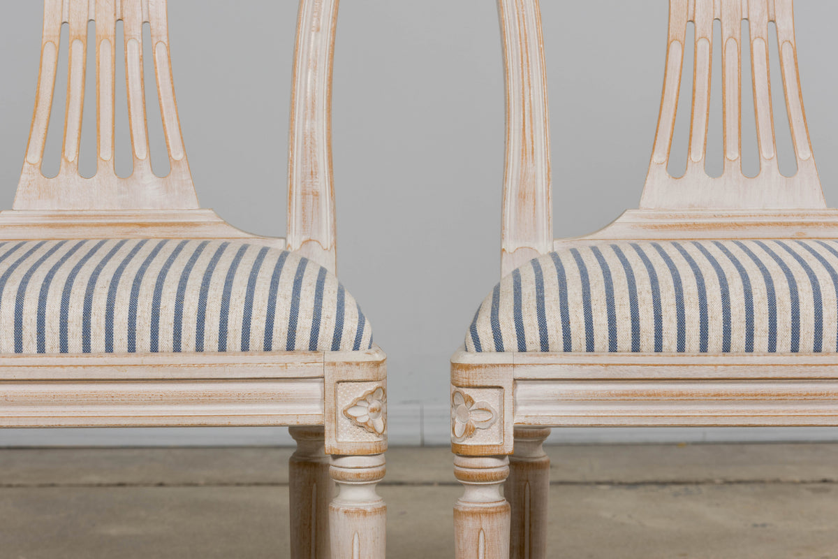 French Louis XVI Style Painted Dining Chairs W/ Striped Linen - Set of 6