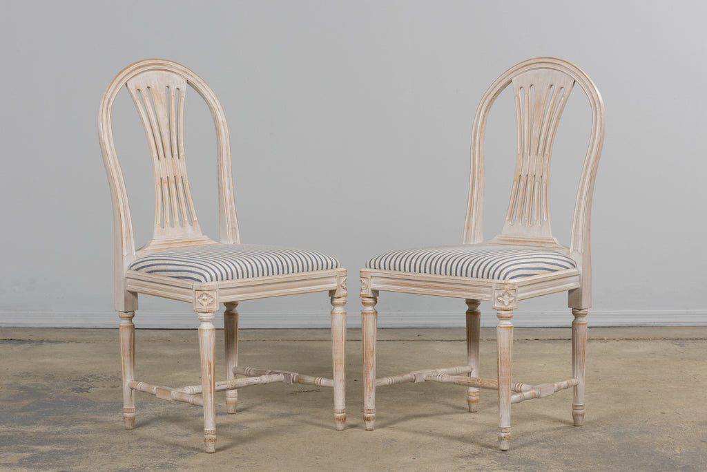 French Louis XVI Style Painted Dining Chairs W/ Striped Linen - Set of 6
