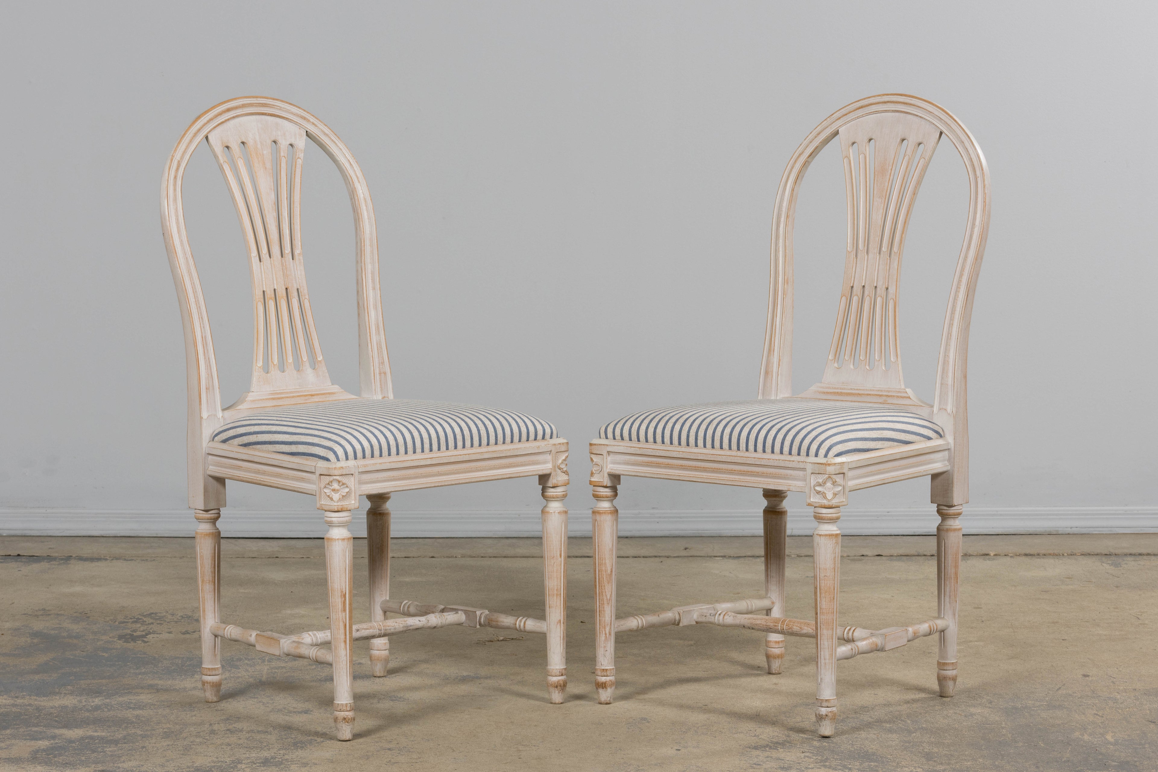 French Louis XVI Style Painted Dining Chairs W/ Striped Linen - Set of 6