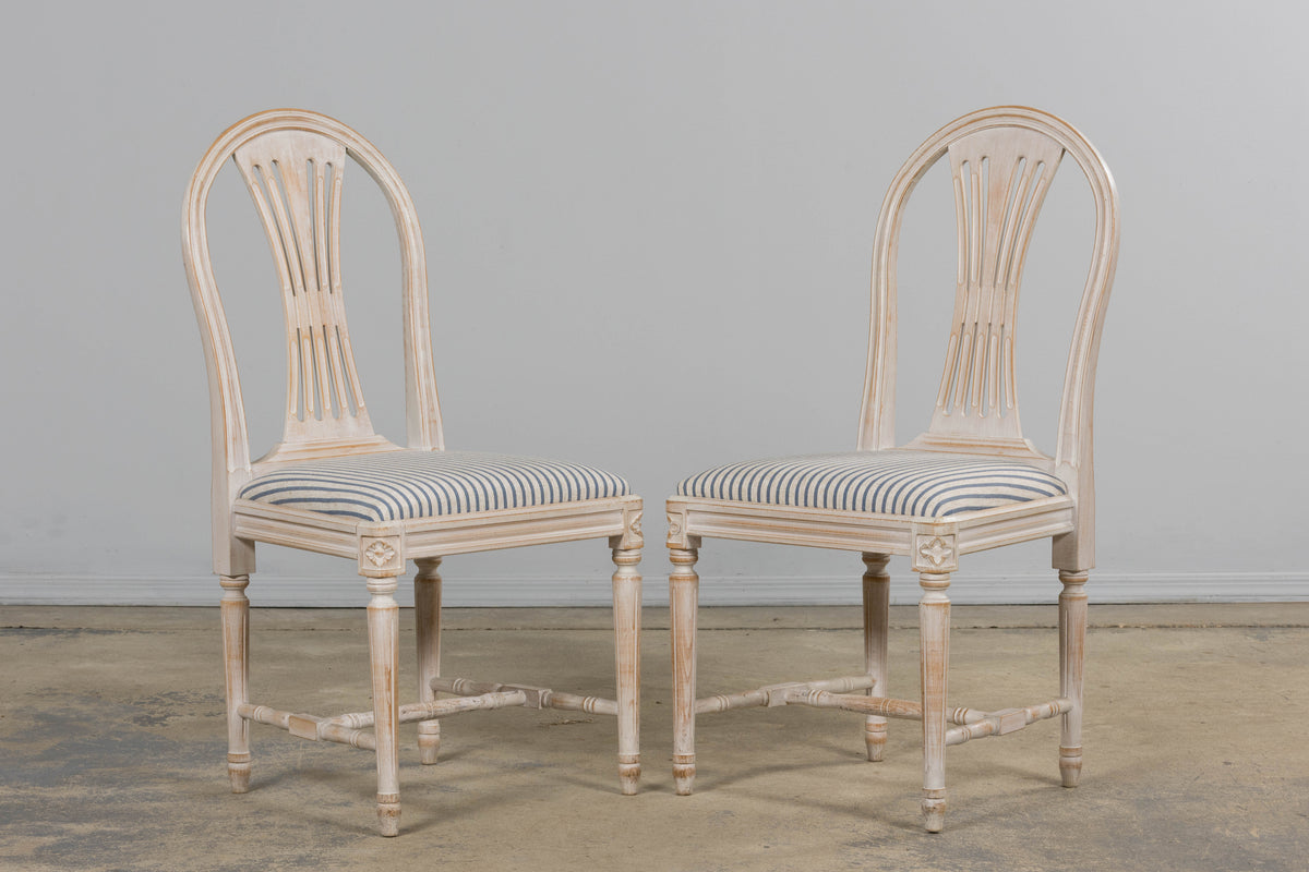 French Louis XVI Style Painted Dining Chairs W/ Striped Linen - Set of 6