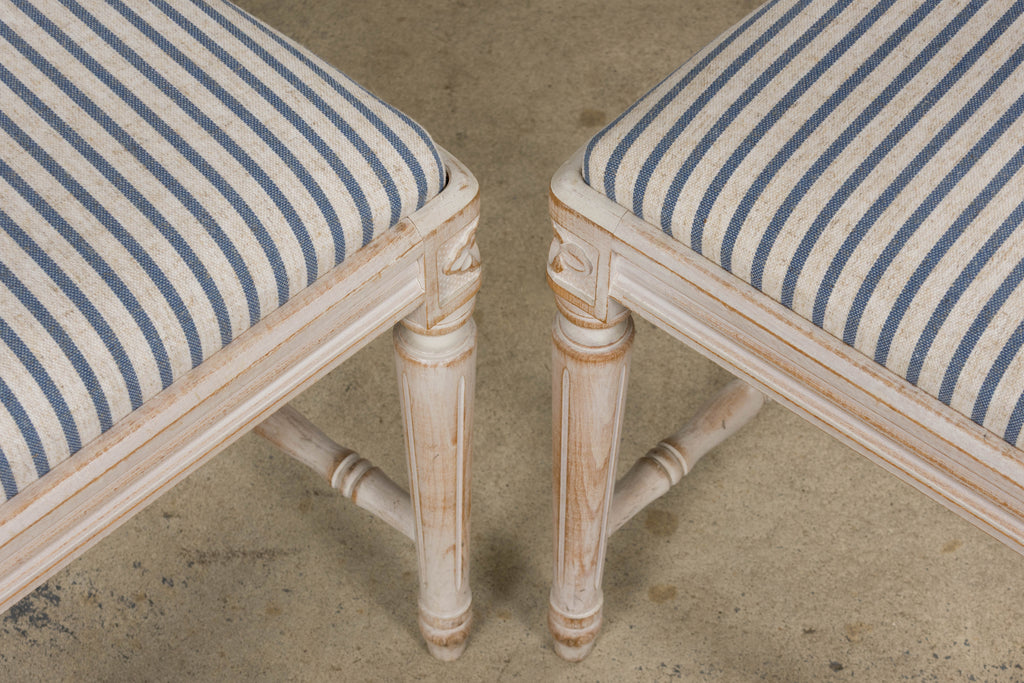 French Louis XVI Style Painted Dining Chairs W/ Striped Linen - Set of 6