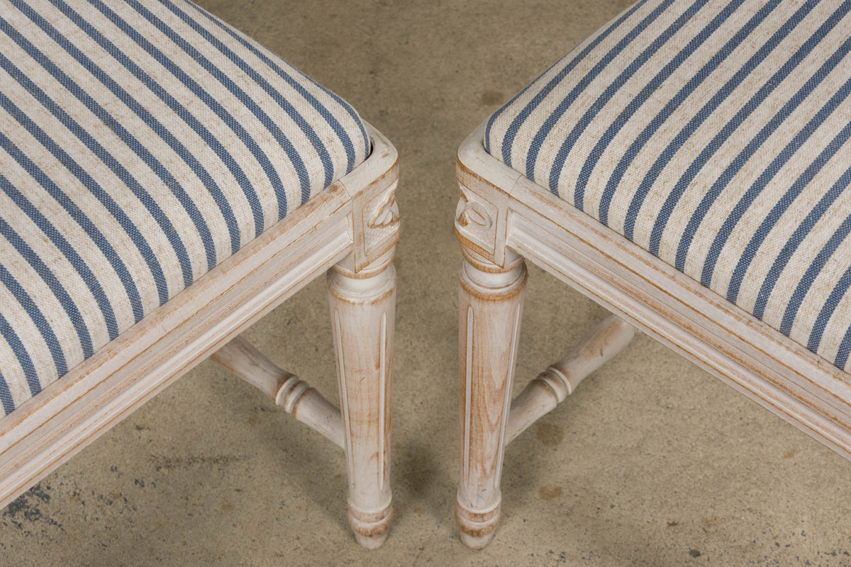 French Louis XVI Style Painted Dining Chairs W/ Striped Linen - Set of 6