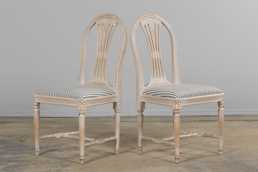 French Louis XVI Style Painted Dining Chairs W/ Striped Linen - Set of 6