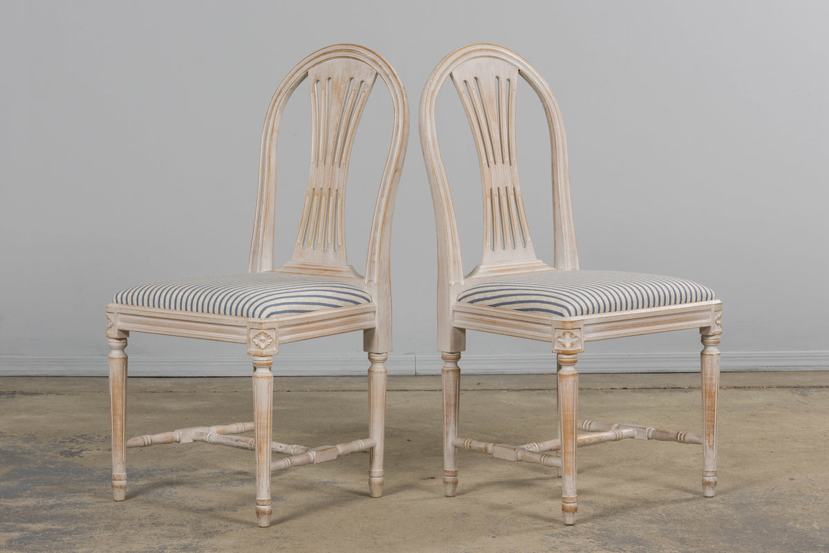French Louis XVI Style Painted Dining Chairs W/ Striped Linen - Set of 6