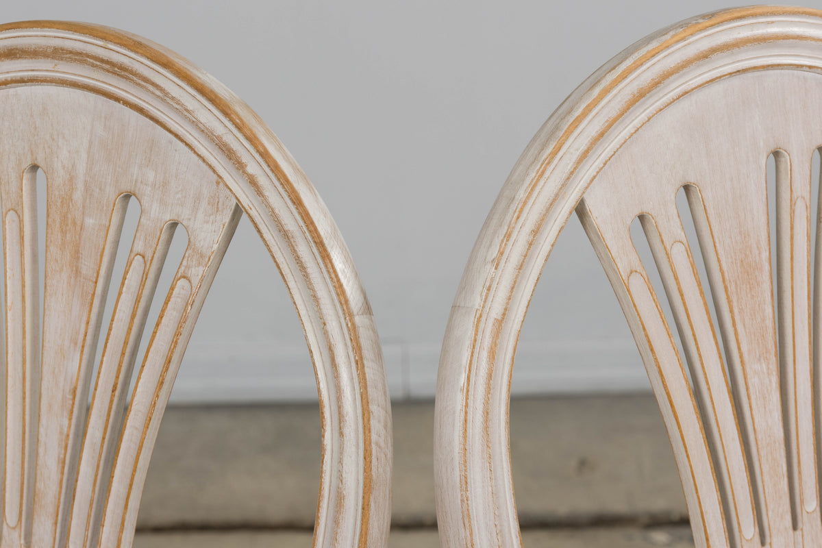 French Louis XVI Style Painted Dining Chairs W/ Striped Linen - Set of 6