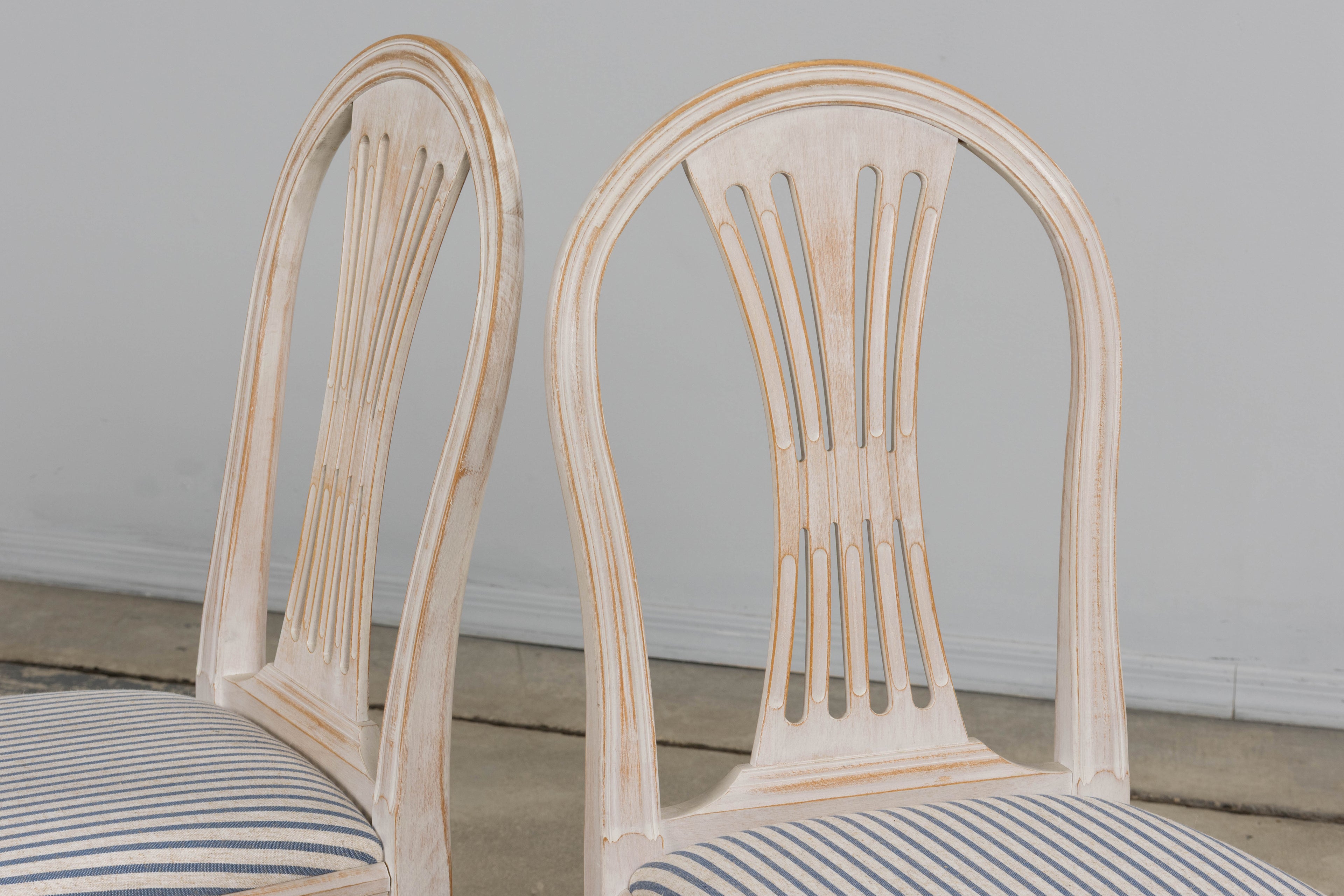 French Louis XVI Style Painted Dining Chairs W/ Striped Linen - Set of 6