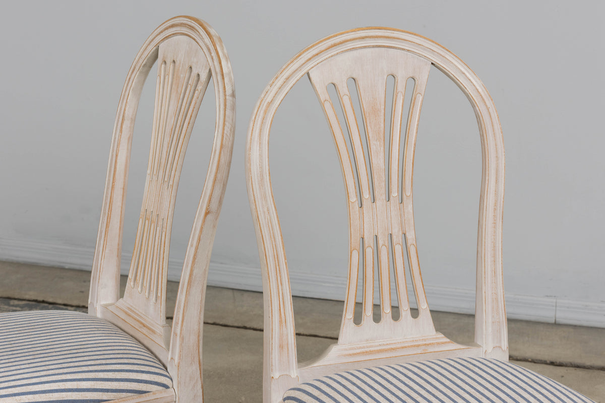 French Louis XVI Style Painted Dining Chairs W/ Striped Linen - Set of 6
