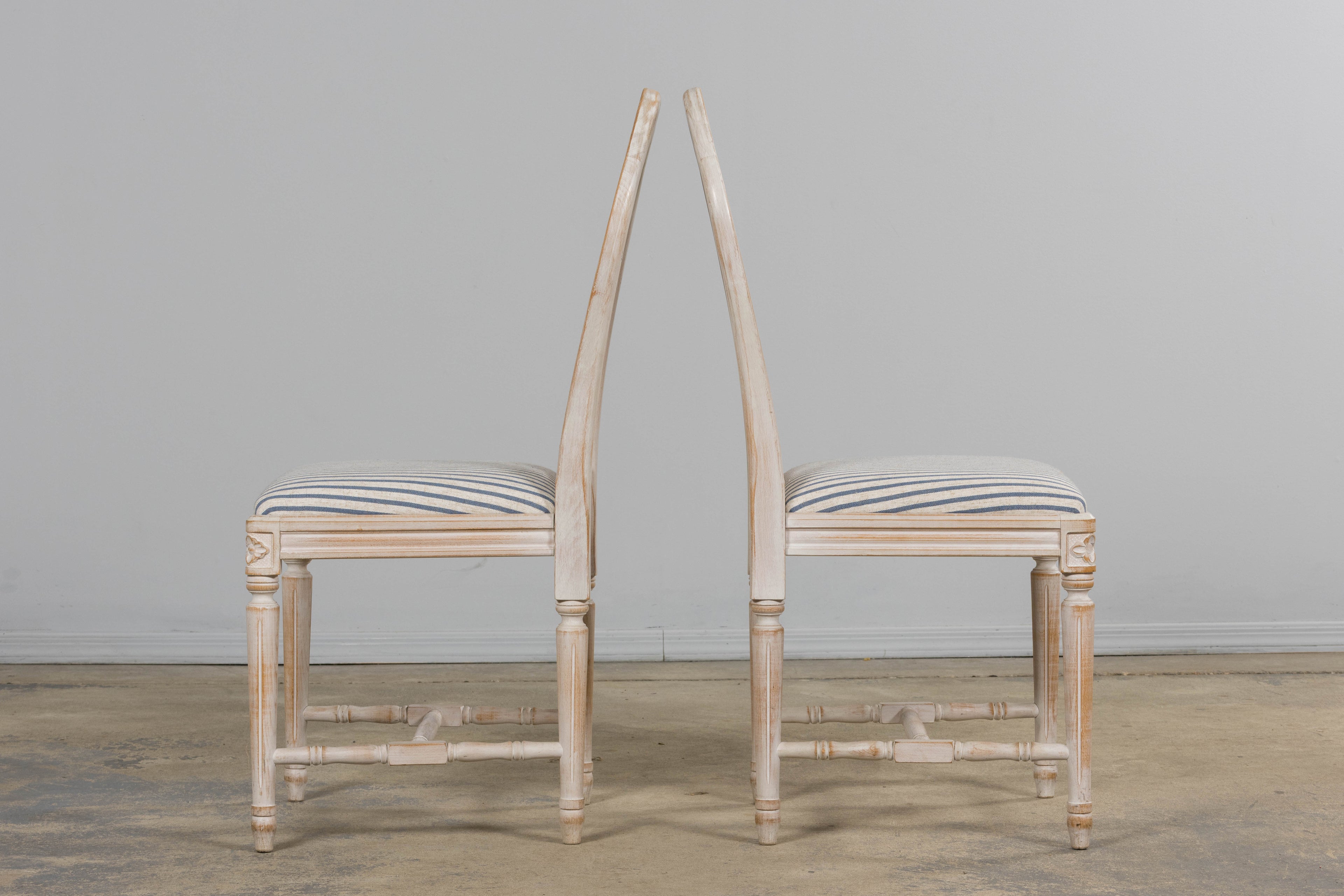 French Louis XVI Style Painted Dining Chairs W/ Striped Linen - Set of 6