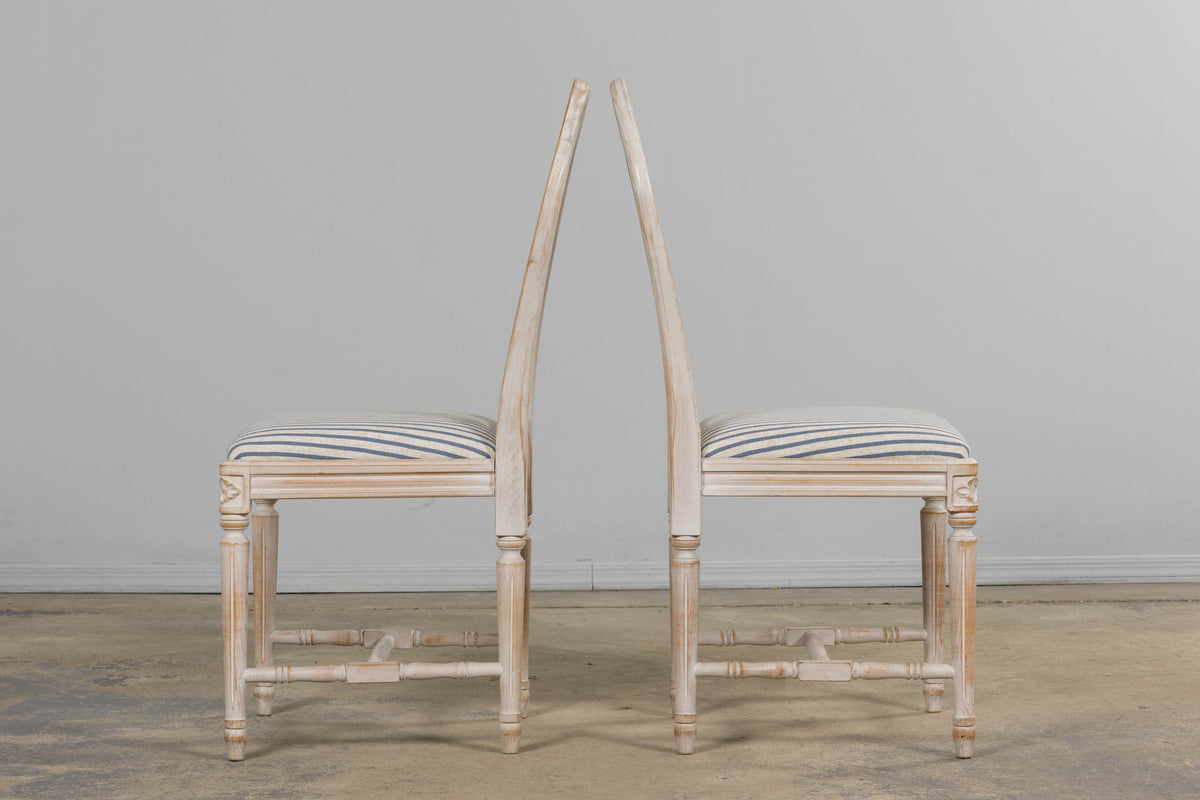 French Louis XVI Style Painted Dining Chairs W/ Striped Linen - Set of 6