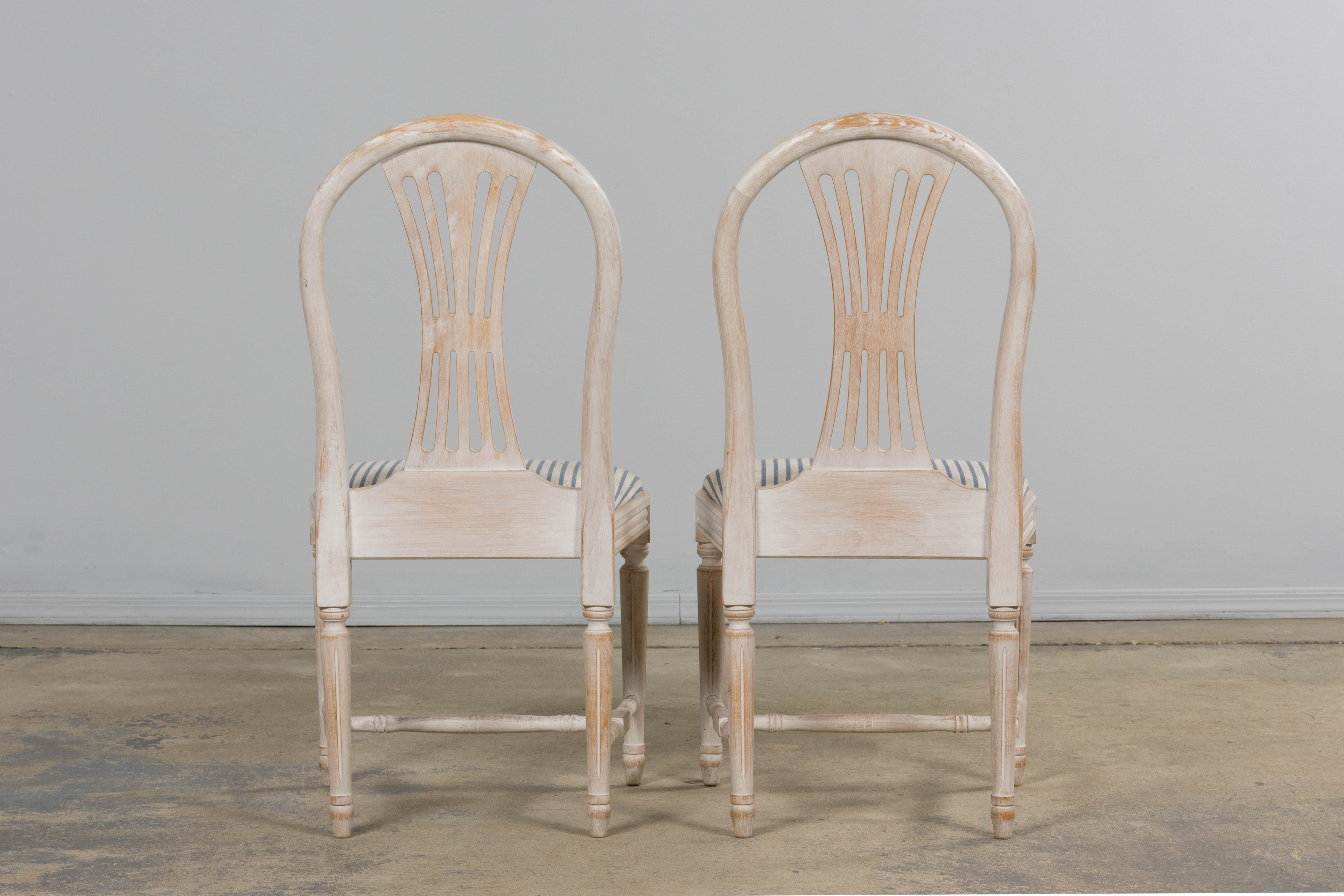 French Louis XVI Style Painted Dining Chairs W/ Striped Linen - Set of 6