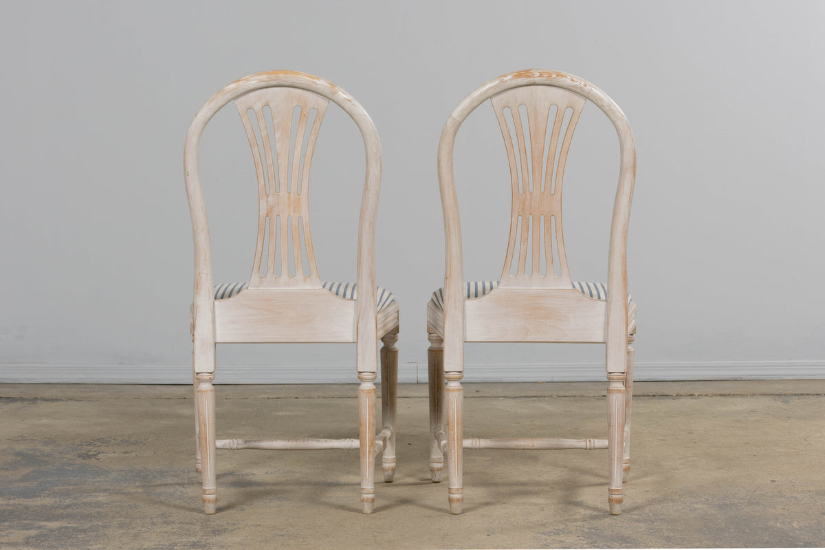 French Louis XVI Style Painted Dining Chairs W/ Striped Linen - Set of 6
