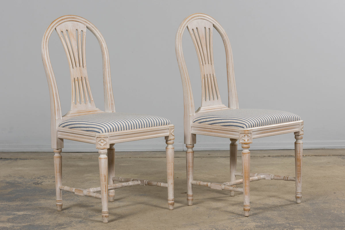 French Louis XVI Style Painted Dining Chairs W/ Striped Linen - Set of 6