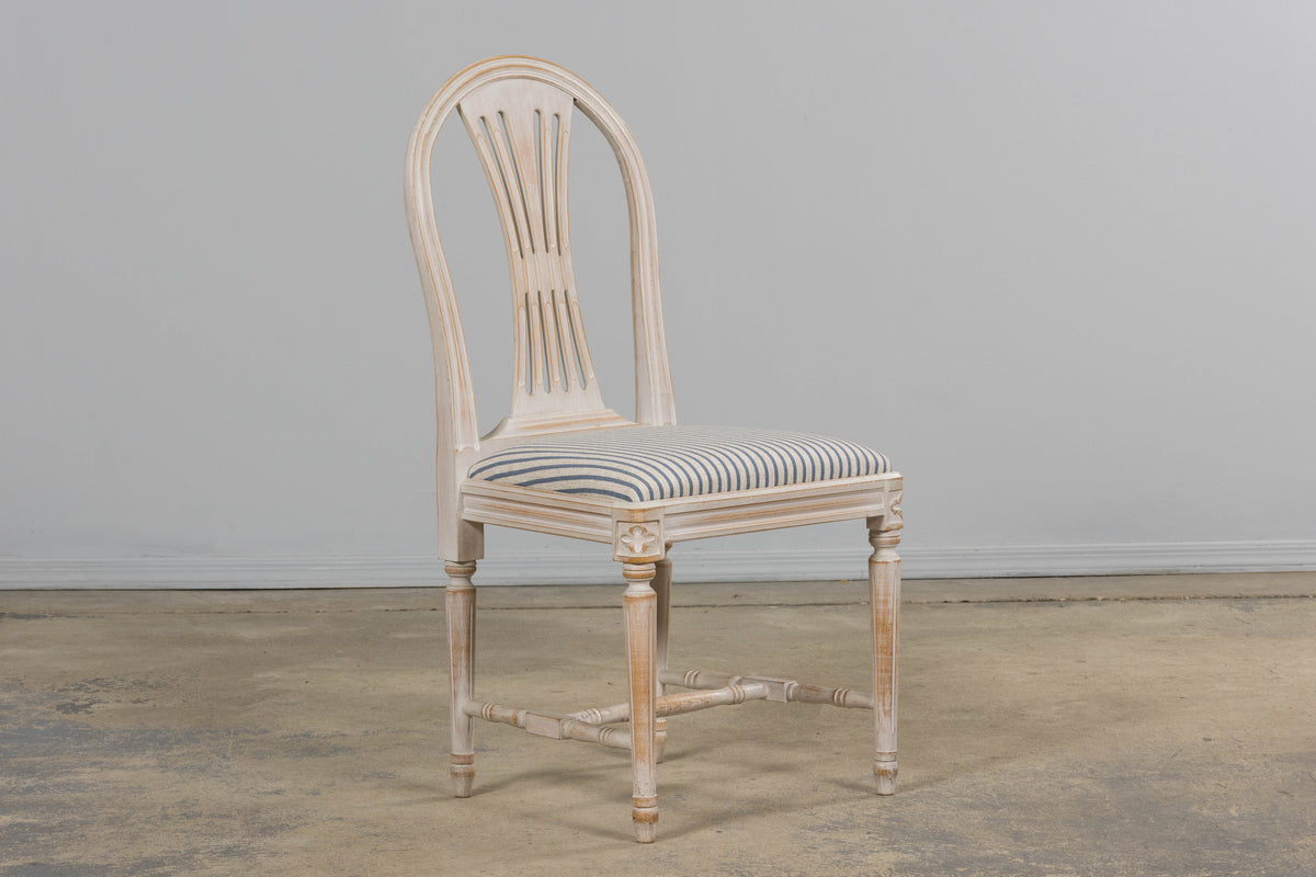 French Louis XVI Style Painted Dining Chairs W/ Striped Linen - Set of 6