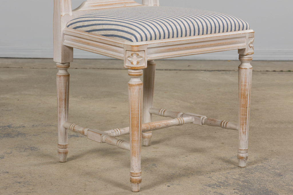 French Louis XVI Style Painted Dining Chairs W/ Striped Linen - Set of 6