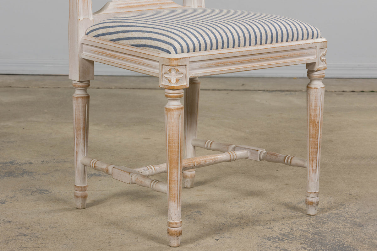 French Louis XVI Style Painted Dining Chairs W/ Striped Linen - Set of 6
