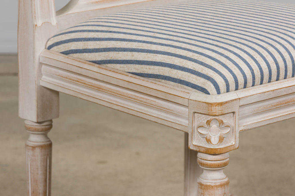 French Louis XVI Style Painted Dining Chairs W/ Striped Linen - Set of 6