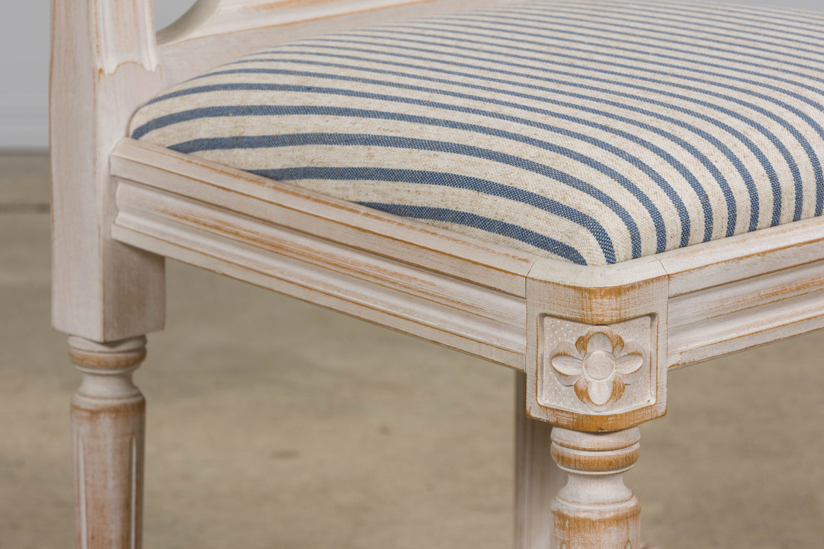 French Louis XVI Style Painted Dining Chairs W/ Striped Linen - Set of 6