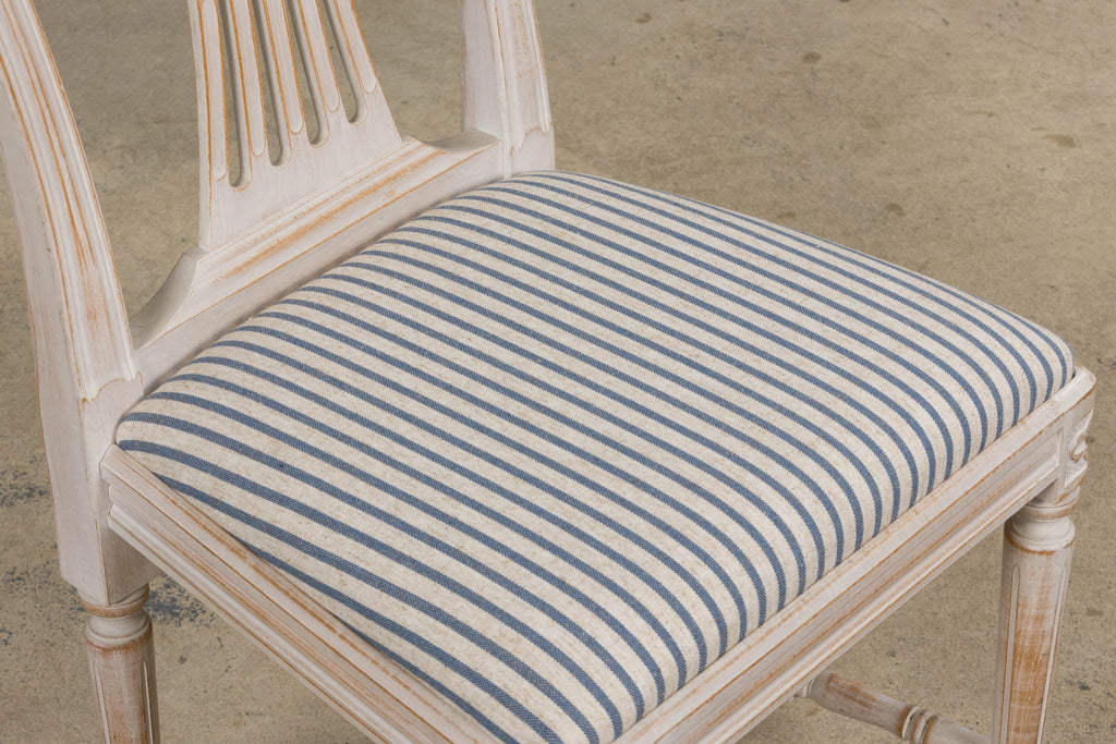French Louis XVI Style Painted Dining Chairs W/ Striped Linen - Set of 6