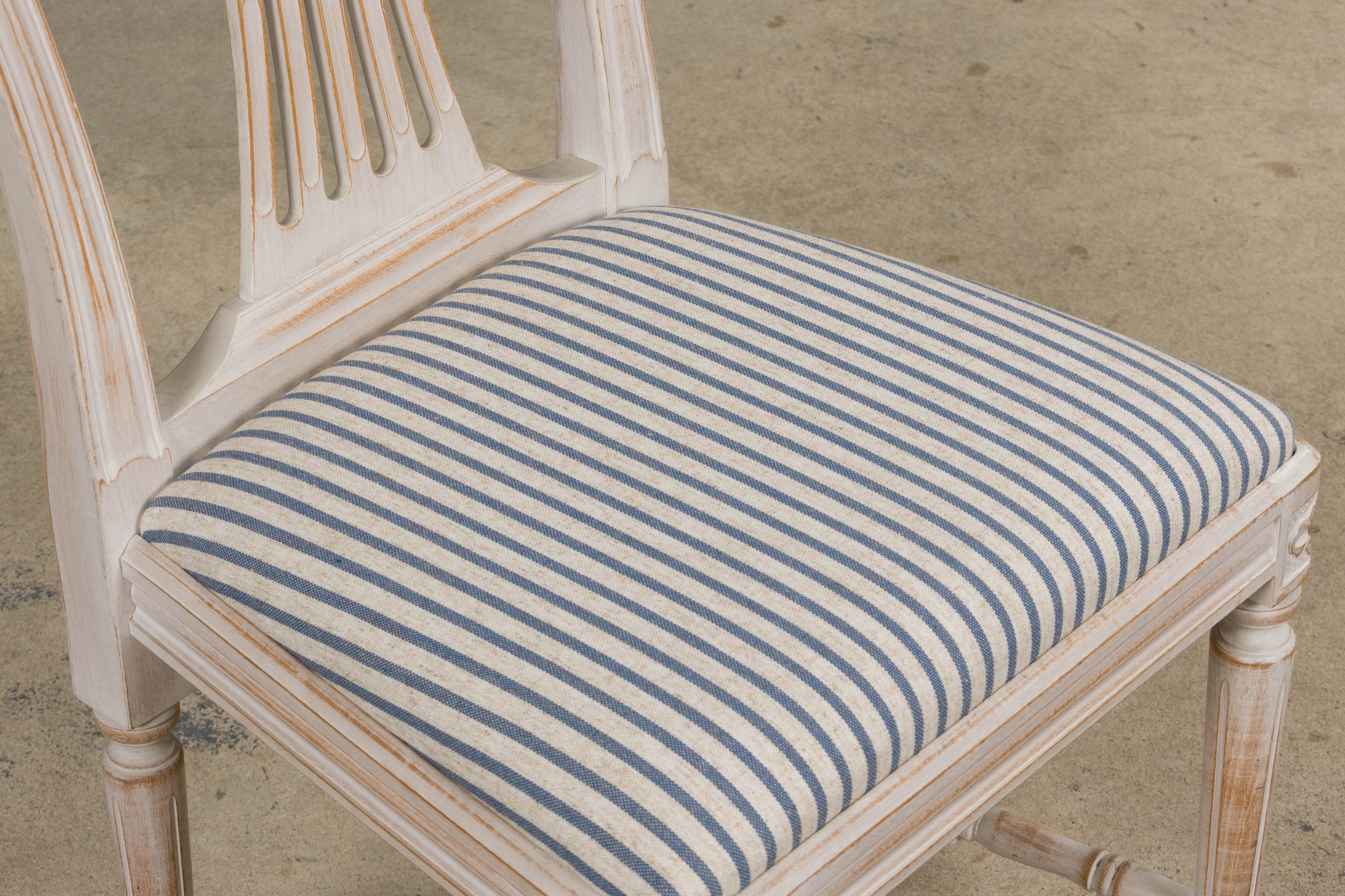 French Louis XVI Style Painted Dining Chairs W/ Striped Linen - Set of 6