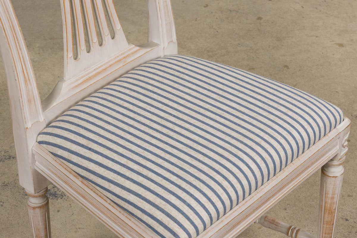 French Louis XVI Style Painted Dining Chairs W/ Striped Linen - Set of 6