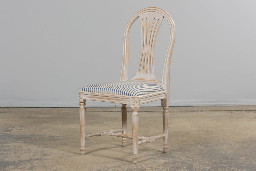 French Louis XVI Style Painted Dining Chairs W/ Striped Linen - Set of 6