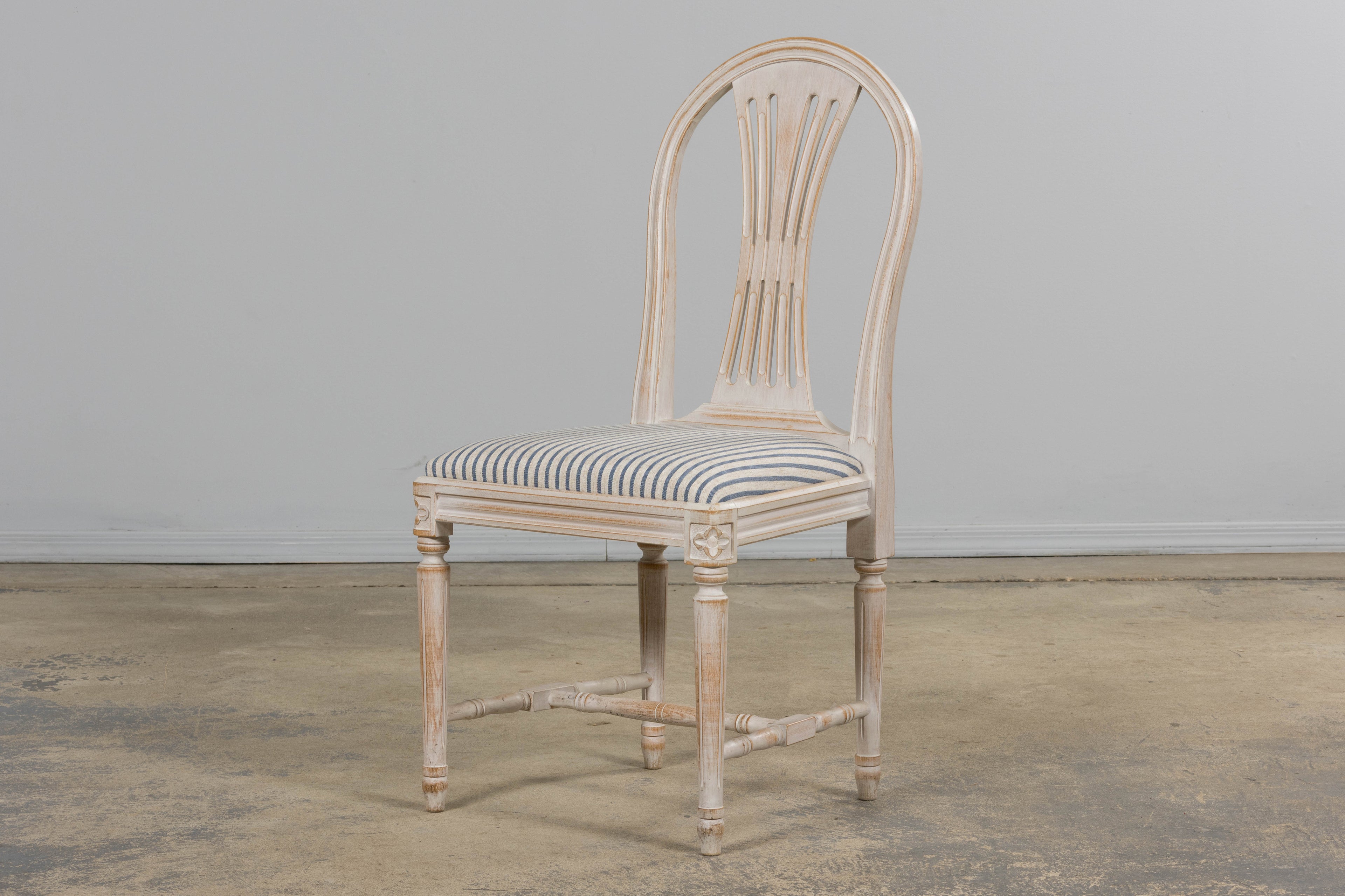 French Louis XVI Style Painted Dining Chairs W/ Striped Linen - Set of 6