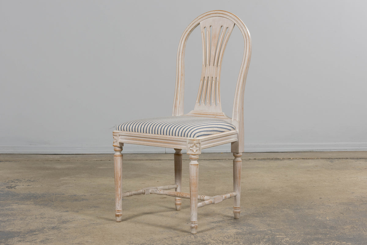 French Louis XVI Style Painted Dining Chairs W/ Striped Linen - Set of 6