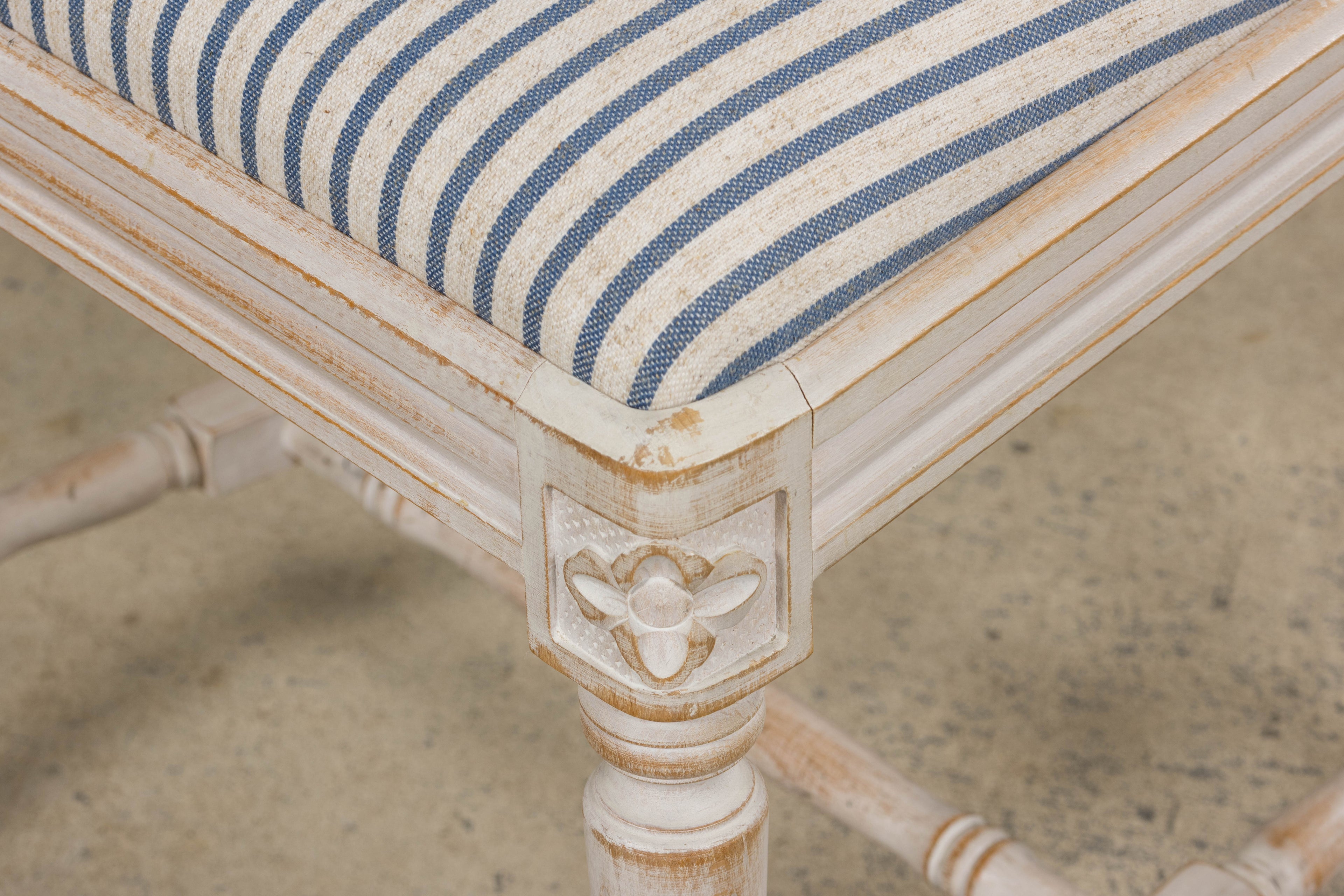 French Louis XVI Style Painted Dining Chairs W/ Striped Linen - Set of 6