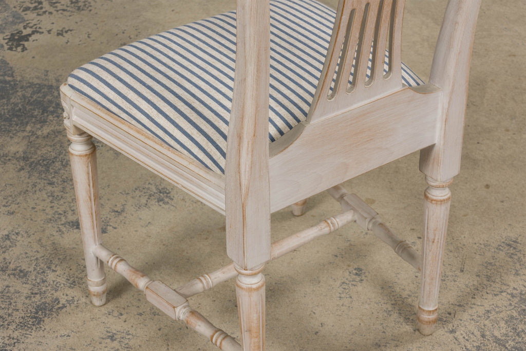 French Louis XVI Style Painted Dining Chairs W/ Striped Linen - Set of 6