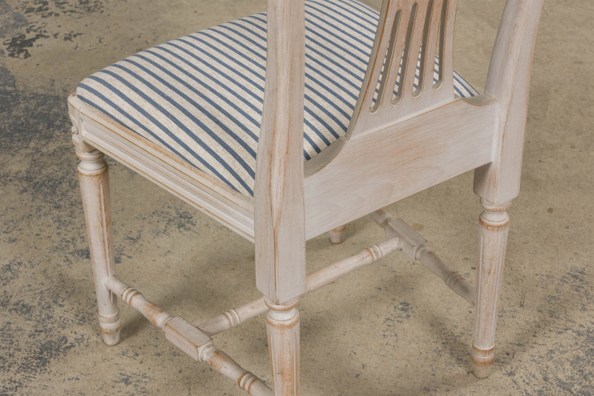 French Louis XVI Style Painted Dining Chairs W/ Striped Linen - Set of 6