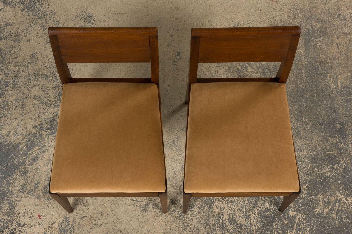 1930s French Art Deco Mahogany Side Chairs W/ Beige Velvet - A Pair