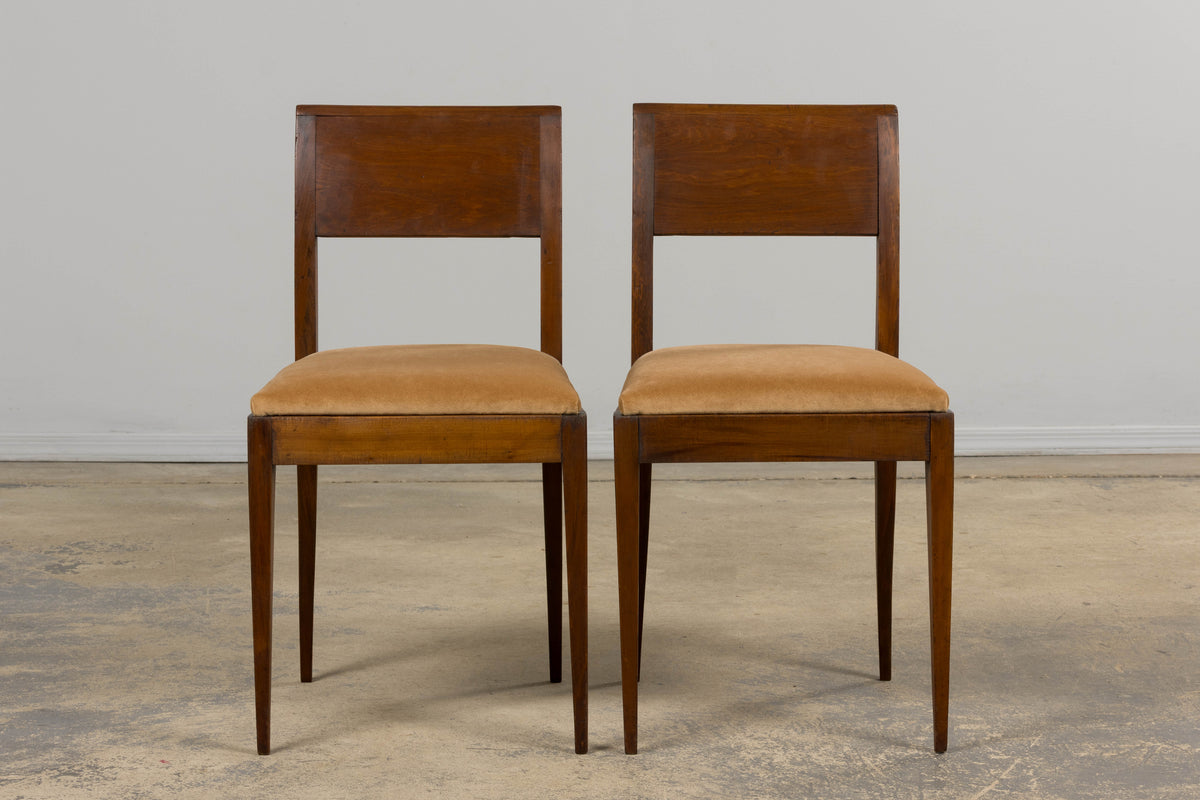 1930s French Art Deco Mahogany Side Chairs W/ Beige Velvet - A Pair