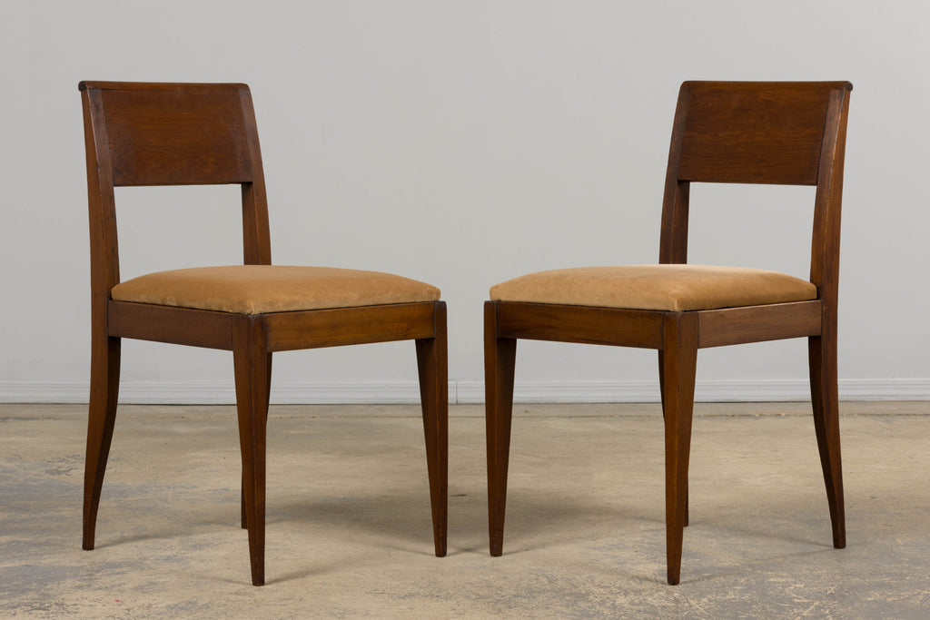 1930s French Art Deco Mahogany Side Chairs W/ Beige Velvet - A Pair
