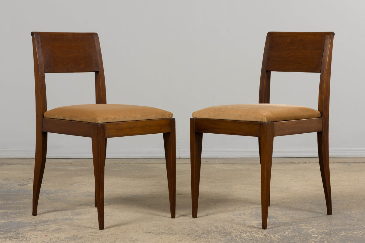 1930s French Art Deco Mahogany Side Chairs W/ Beige Velvet - A Pair