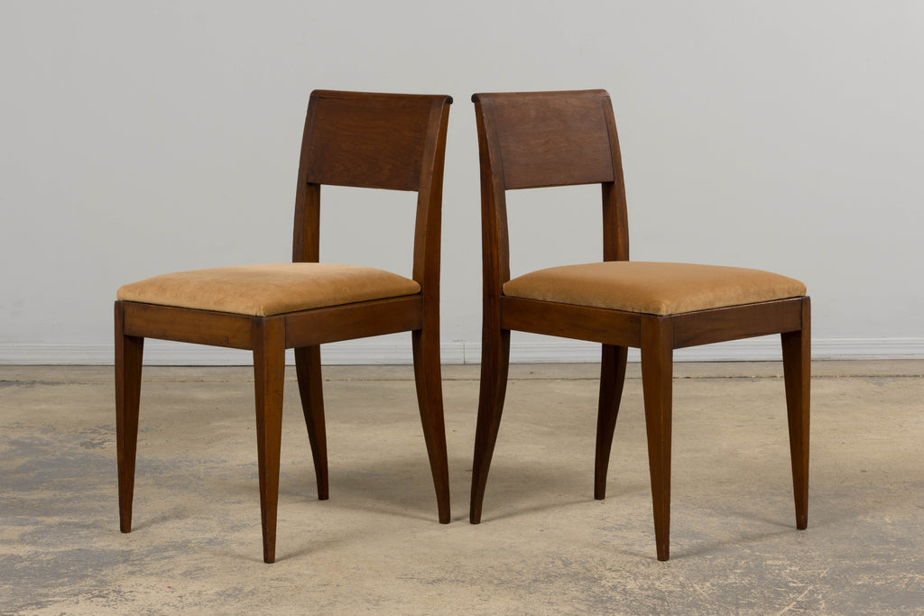 1930s French Art Deco Mahogany Side Chairs W/ Beige Velvet - A Pair