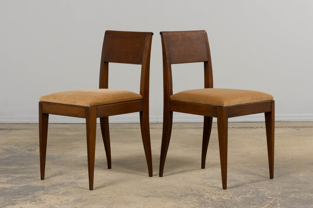 1930s French Art Deco Mahogany Side Chairs W/ Beige Velvet - A Pair