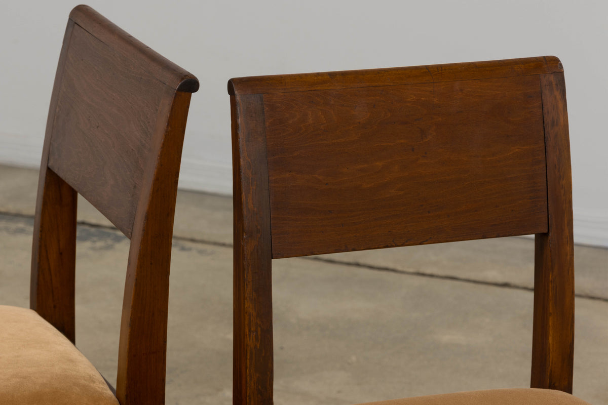 1930s French Art Deco Mahogany Side Chairs W/ Beige Velvet - A Pair