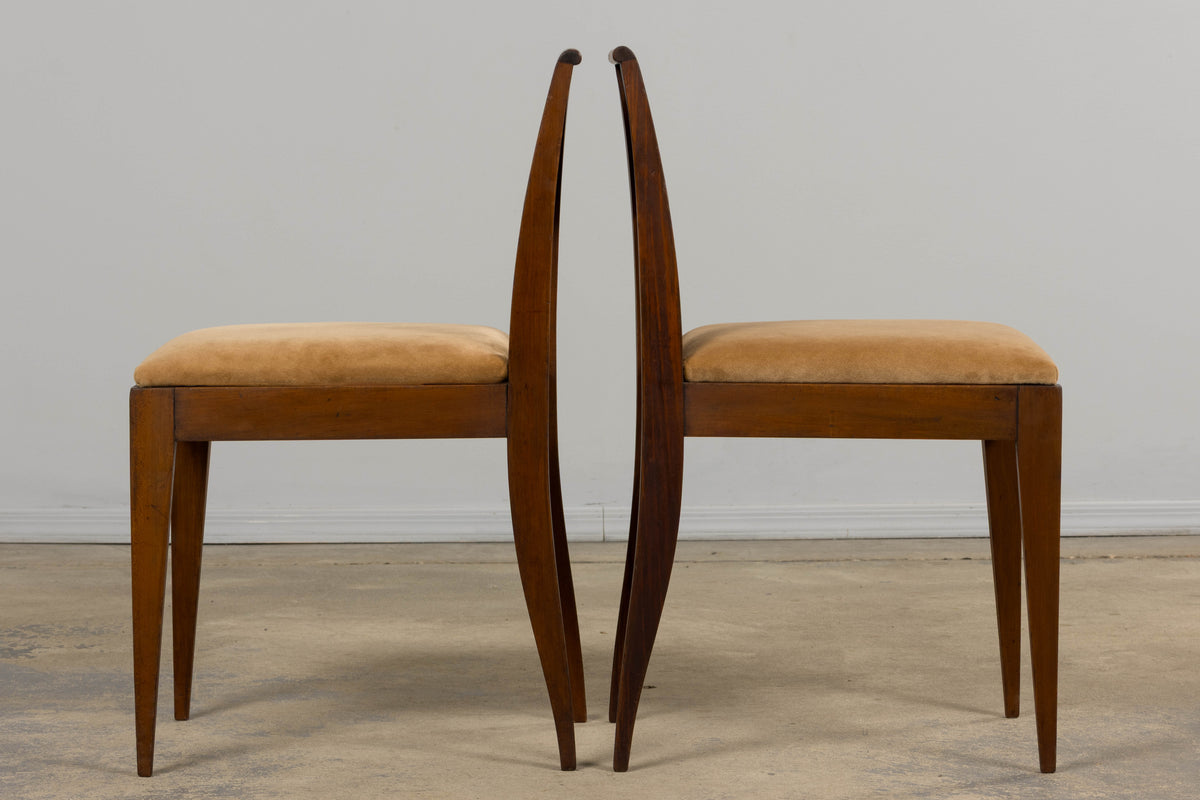 1930s French Art Deco Mahogany Side Chairs W/ Beige Velvet - A Pair