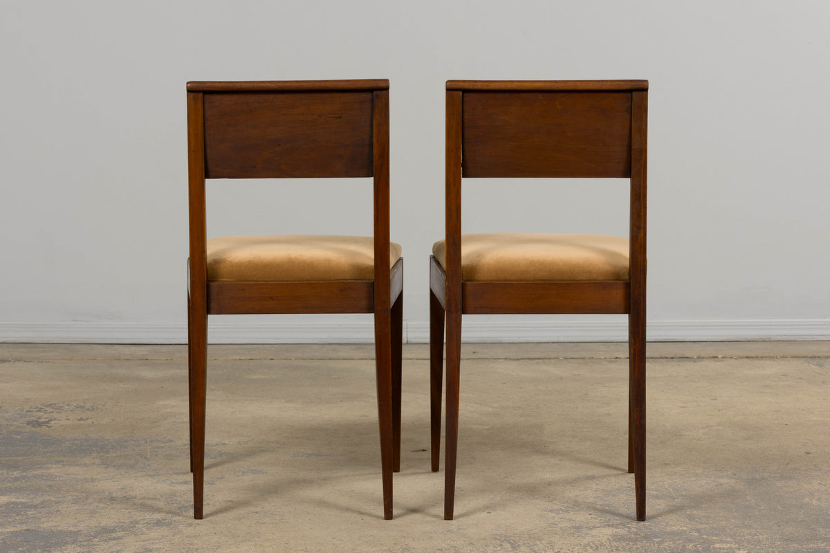 1930s French Art Deco Mahogany Side Chairs W/ Beige Velvet - A Pair
