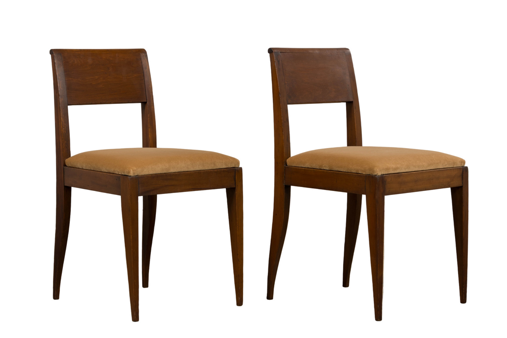 1930s French Art Deco Mahogany Side Chairs W/ Beige Velvet - A Pair