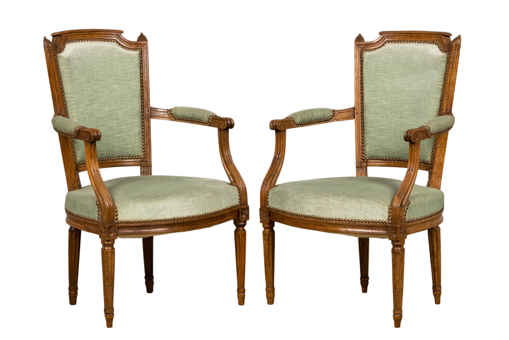 18th Century French Louis XVI Walnut Armchairs with Celadon Velvet - Pair