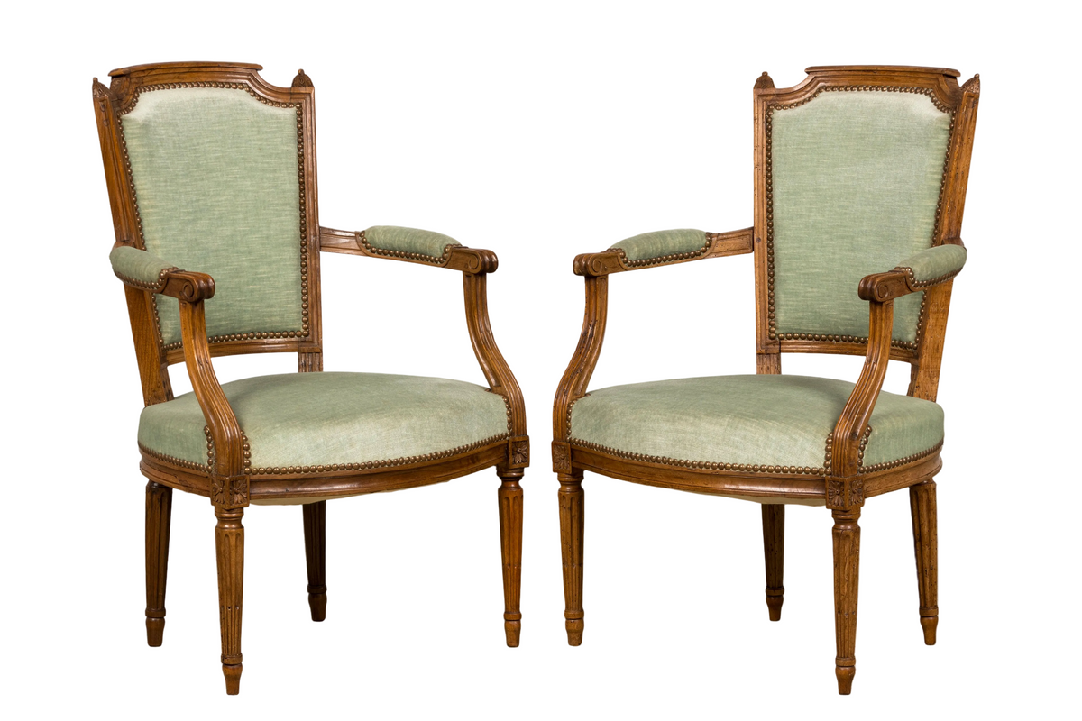 18th Century French Louis XVI Walnut Armchairs with Celadon Velvet - Pair