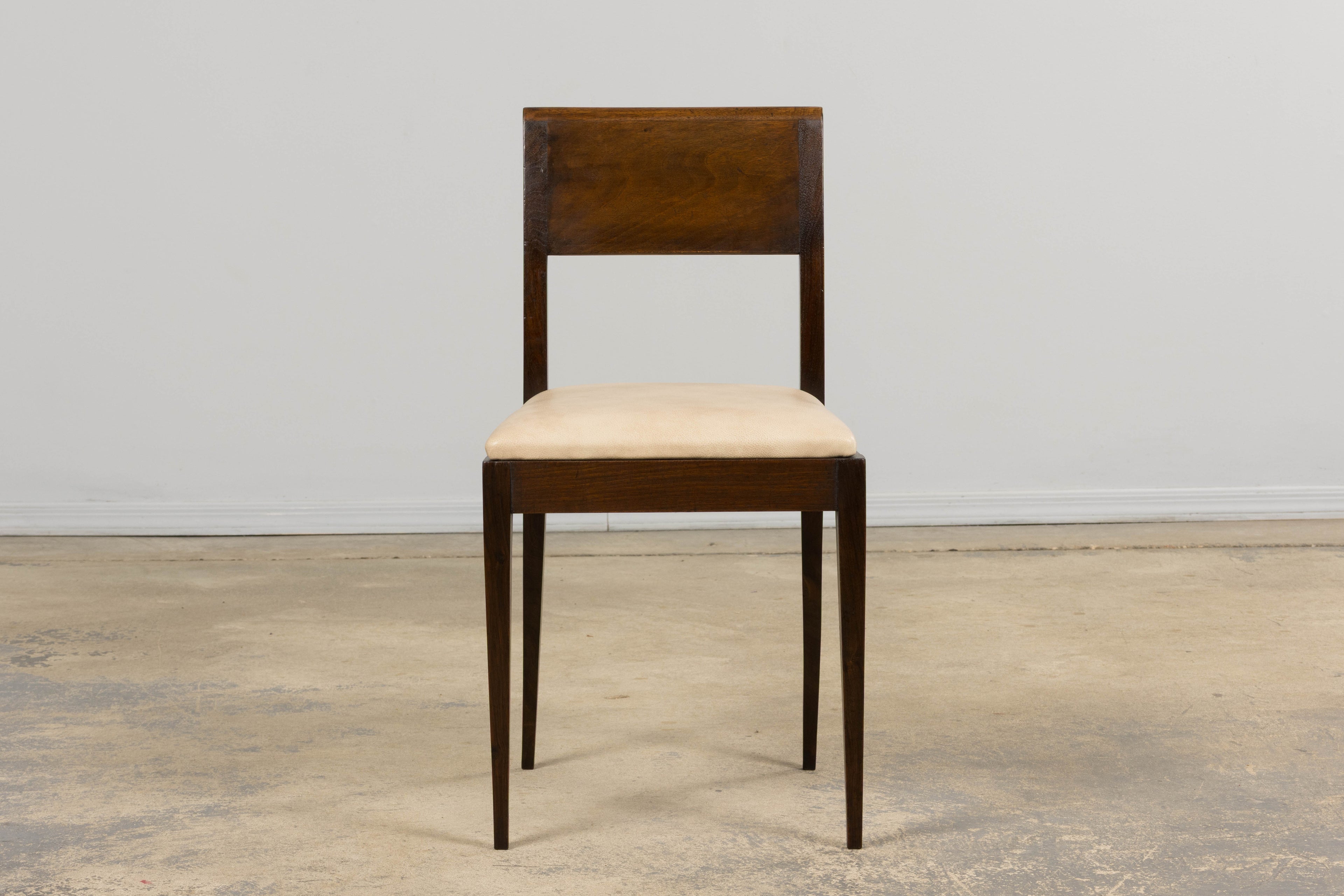 1930s French Art Deco Mahogany Side Chair W/ Cream Leather